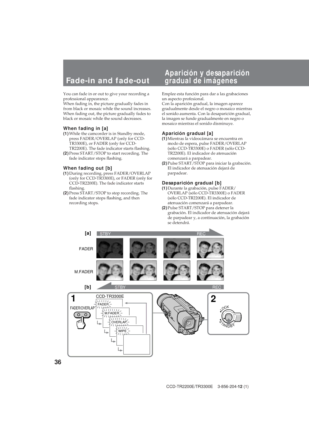 Sony TR3300E, CCD-TR2200E operating instructions Aparición y desaparición, Fade-in and fade-out Gradual de imágenes 