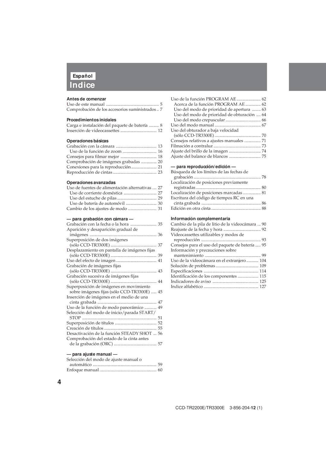 Sony TR3300E, CCD-TR2200E operating instructions Indice, Español 