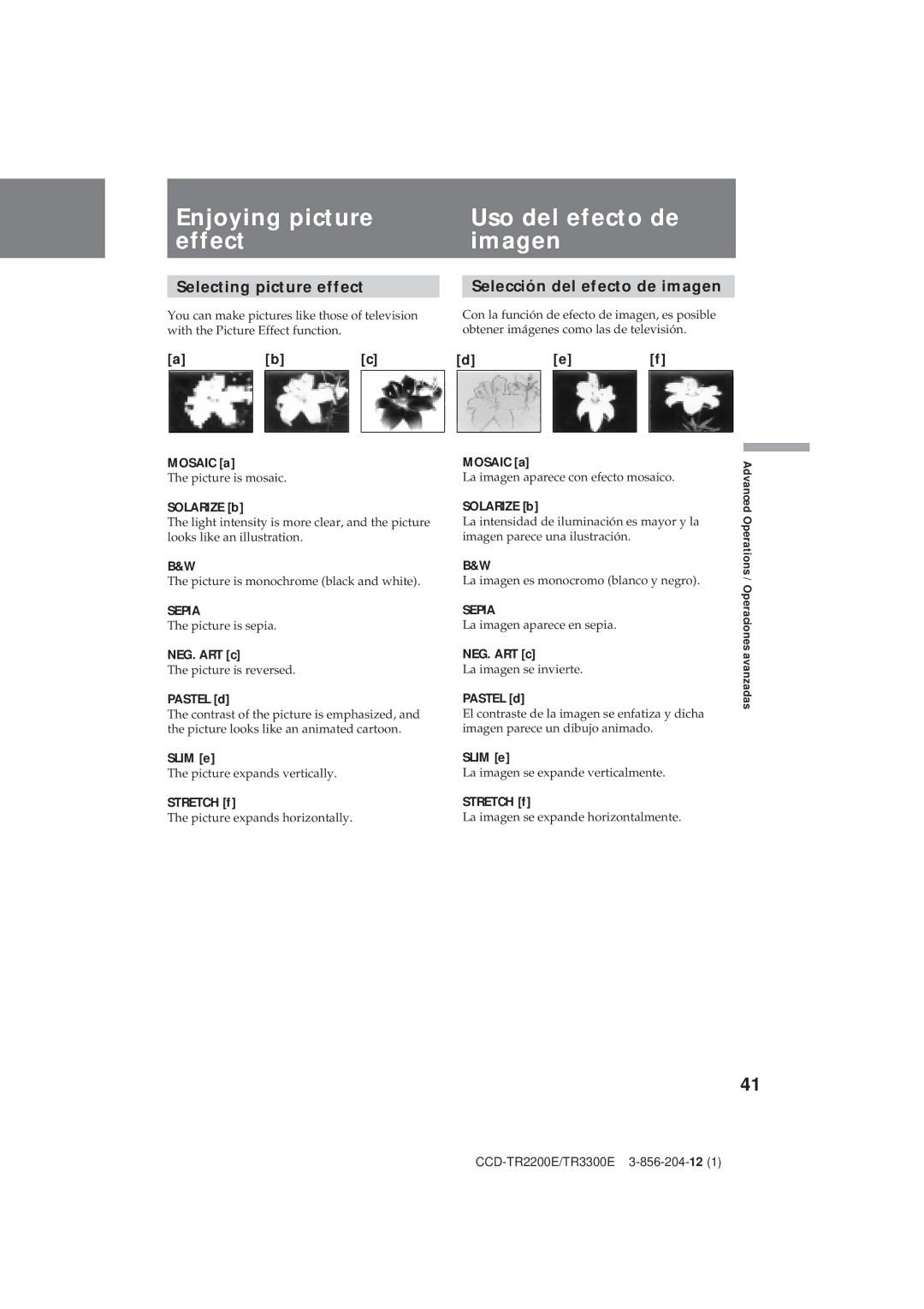 Sony CCD-TR2200E, TR3300E operating instructions Enjoying picture effect, Uso del efecto de imagen, Selecting picture effect 