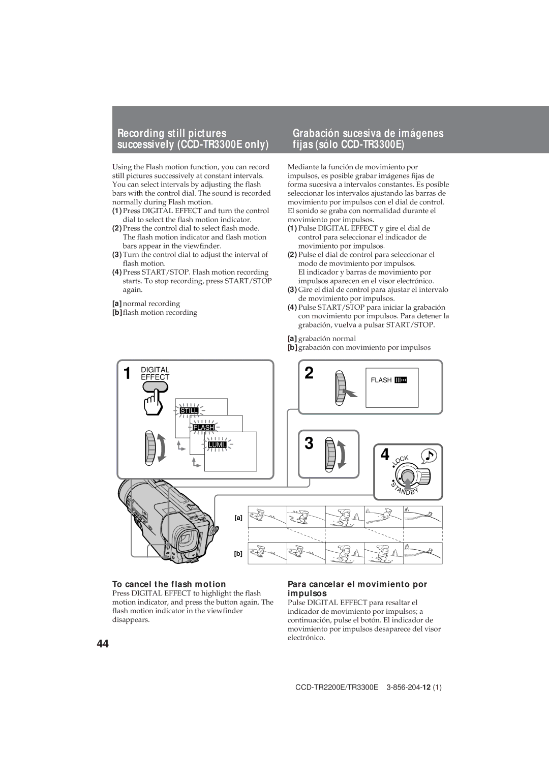 Sony TR3300E, CCD-TR2200E operating instructions To cancel the flash motion, Para cancelar el movimiento por impulsos 