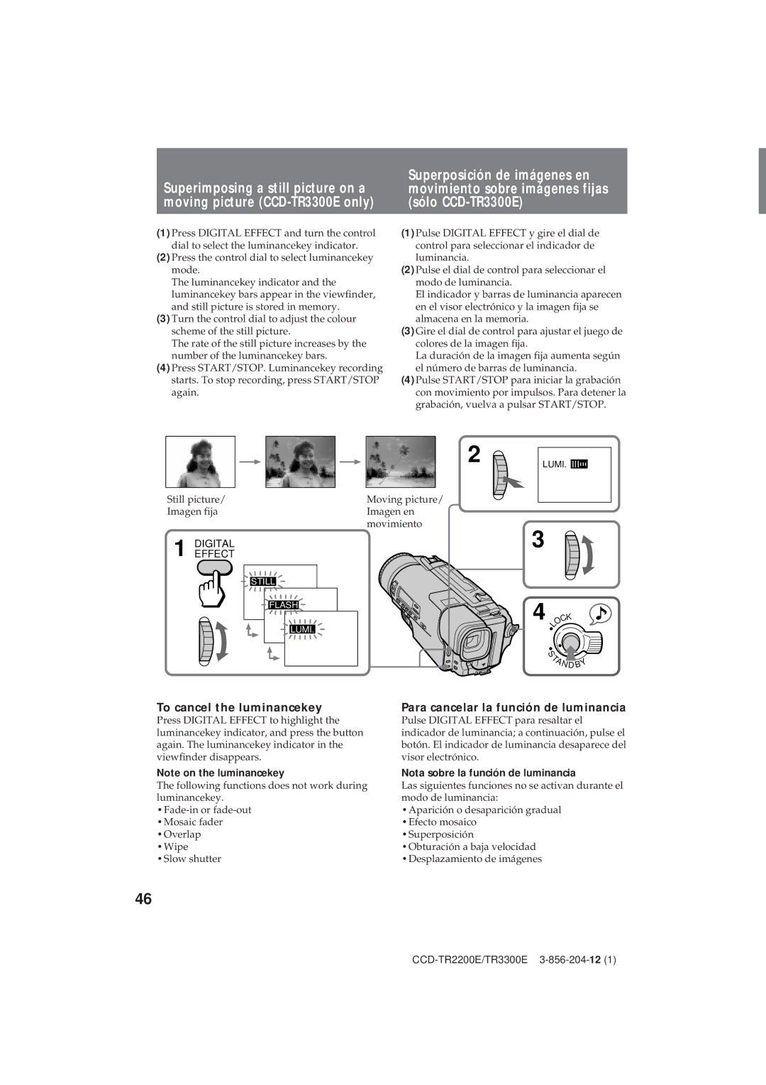 Sony TR3300E To cancel the luminancekey, Para cancelar la función de luminancia, Nota sobre la función de luminancia 