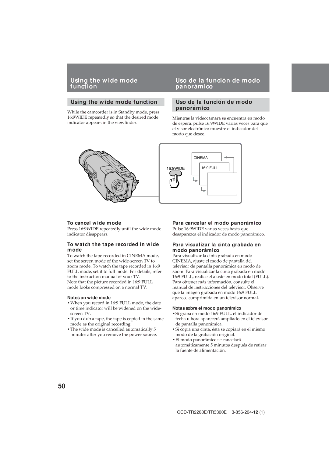 Sony TR3300E, CCD-TR2200E operating instructions Using the wide mode function, Uso de la función de modo panorámico 