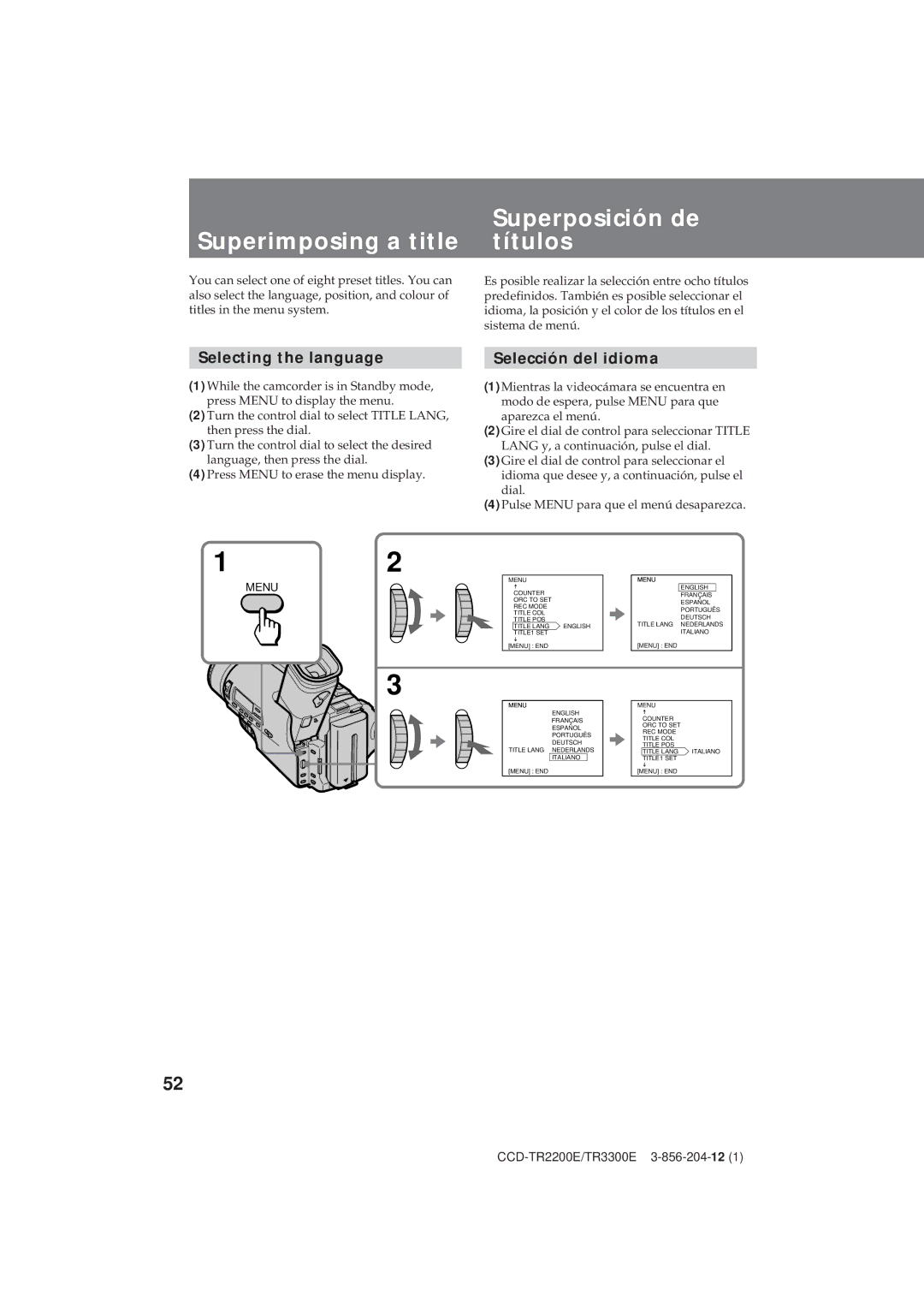 Sony TR3300E, CCD-TR2200E Superposición de Superimposing a title títulos, Selecting the language, Selección del idioma 