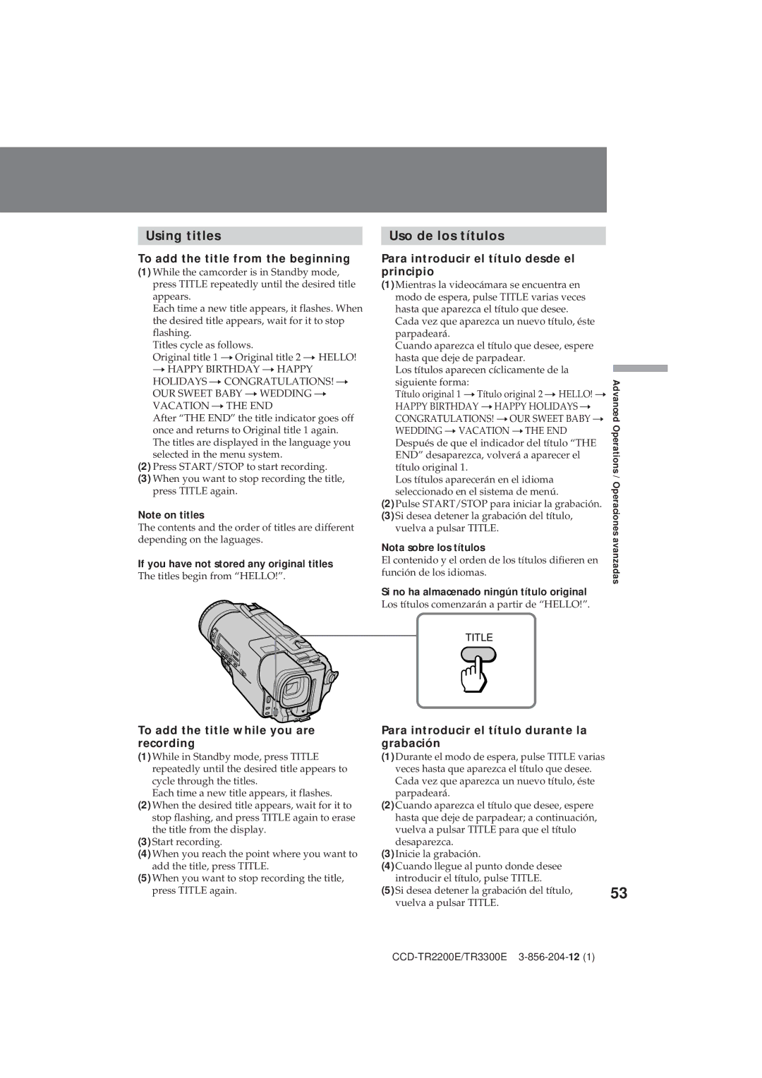 Sony CCD-TR2200E, TR3300E operating instructions Using titles, Uso de los títulos, To add the title from the beginning 