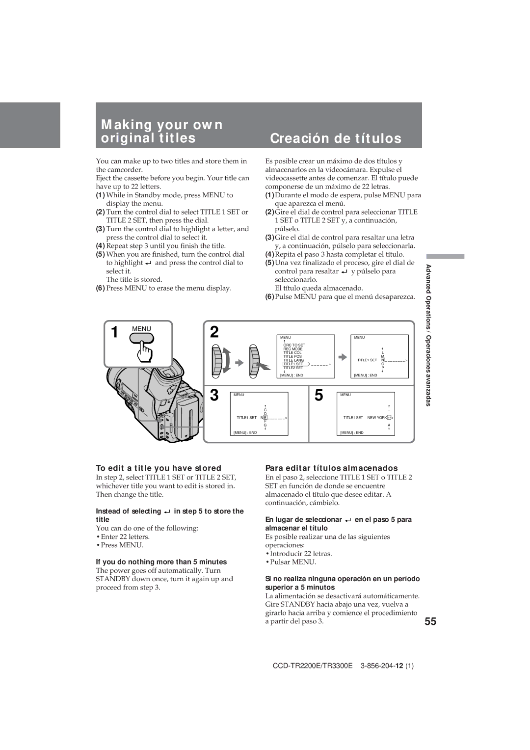 Sony CCD-TR2200E, TR3300E Making your own Original titles Creación de títulos, To edit a title you have stored 