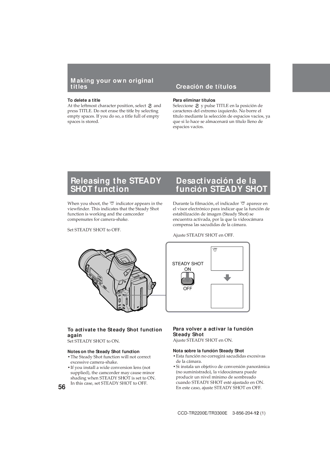 Sony TR3300E, CCD-TR2200E Making your own original titles, Creación de títulos, To activate the Steady Shot function again 