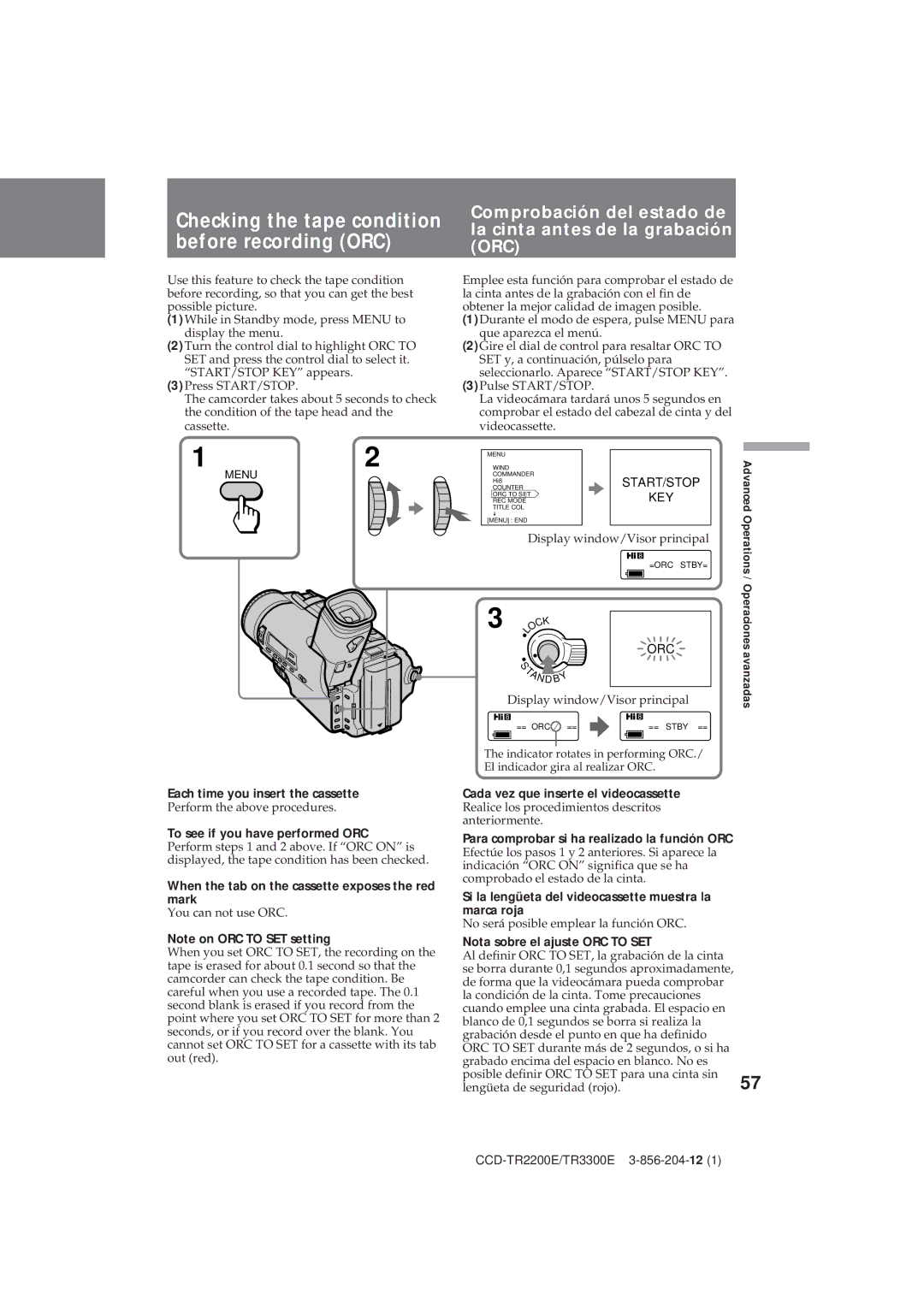 Sony CCD-TR2200E, TR3300E operating instructions Each time you insert the cassette, Nota sobre el ajuste ORC to SET 