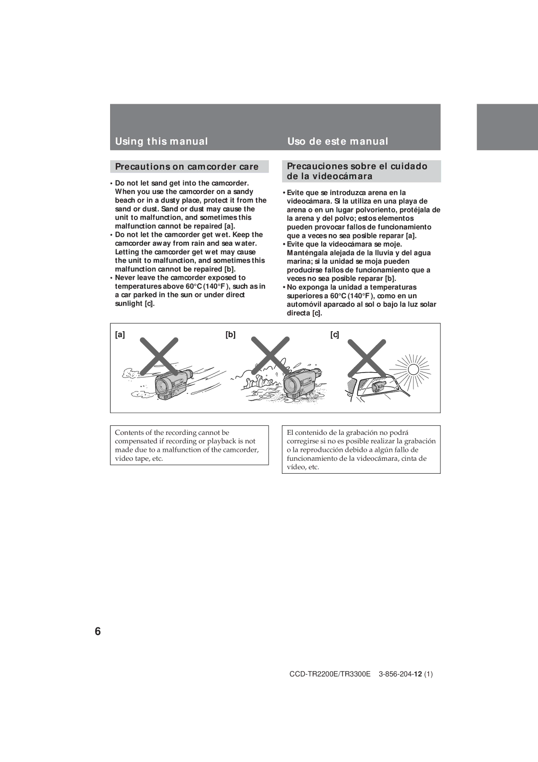 Sony TR3300E, CCD-TR2200E operating instructions Using this manual Uso de este manual, Precautions on camcorder care 