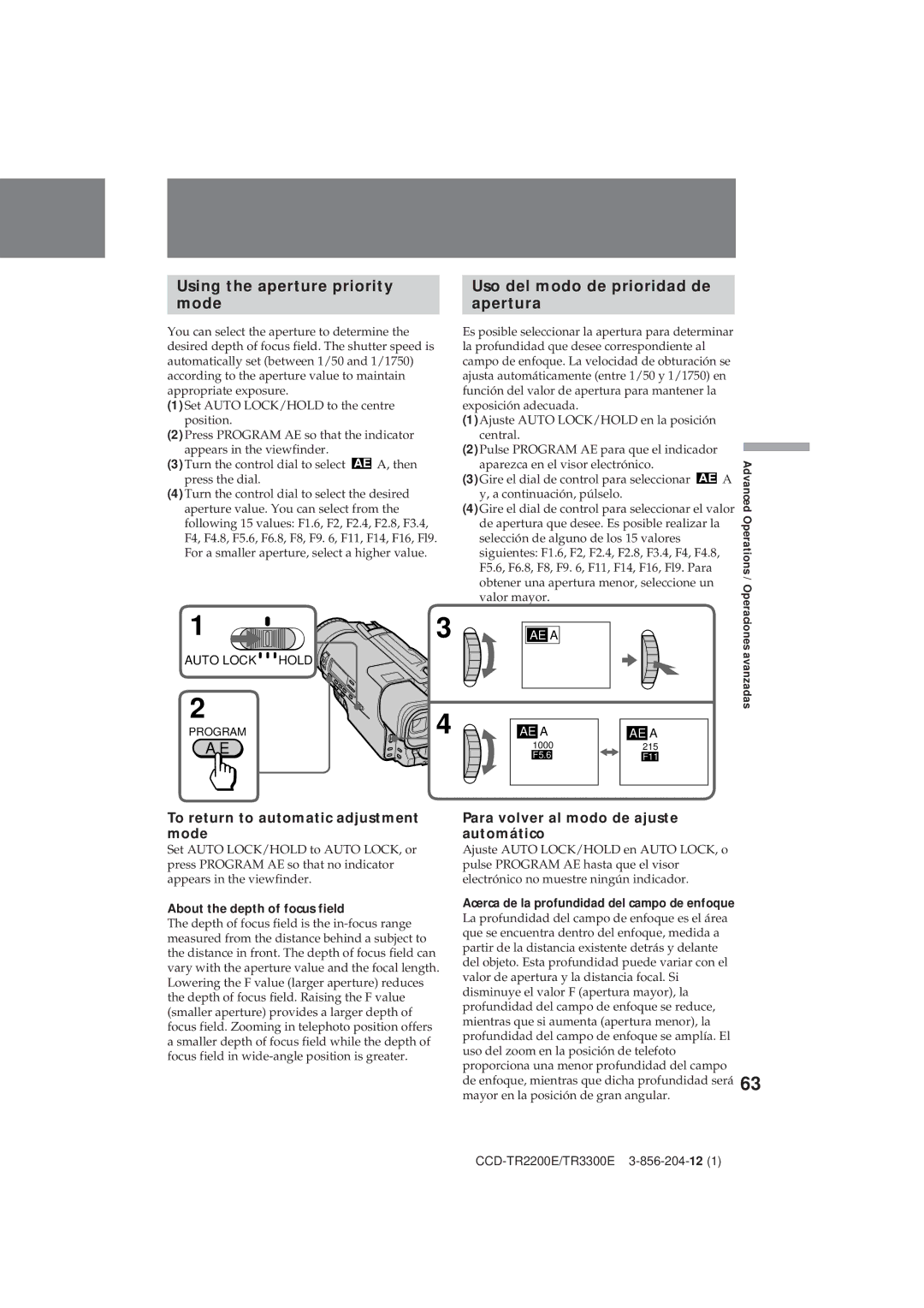 Sony CCD-TR2200E, TR3300E To return to automatic adjustment mode, Para volver al modo de ajuste automático 