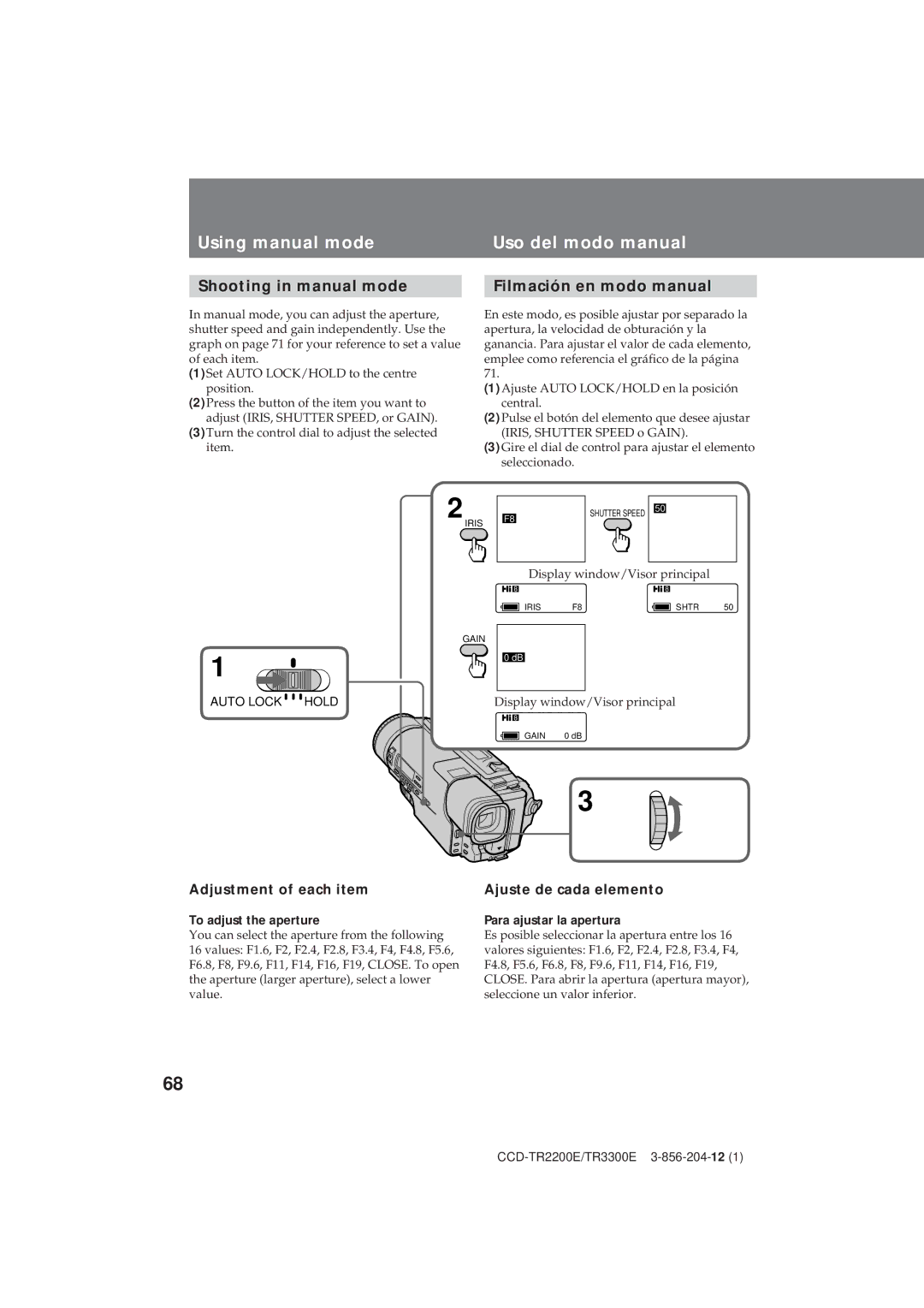 Sony TR3300E, CCD-TR2200E Using manual mode Uso del modo manual, Shooting in manual mode Filmación en modo manual 