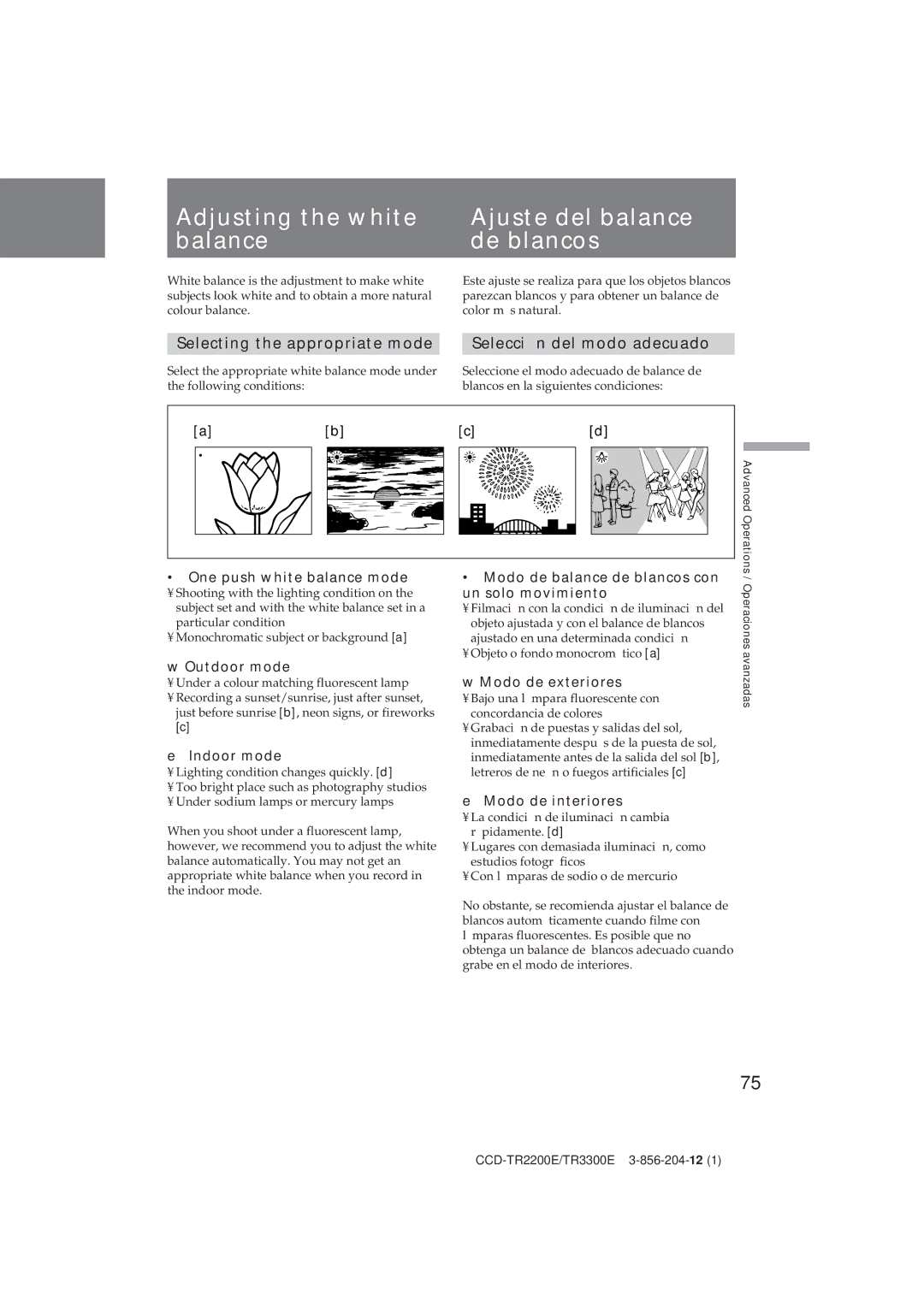 Sony CCD-TR2200E, TR3300E operating instructions Adjusting the white Ajuste del balance Balance De blancos 