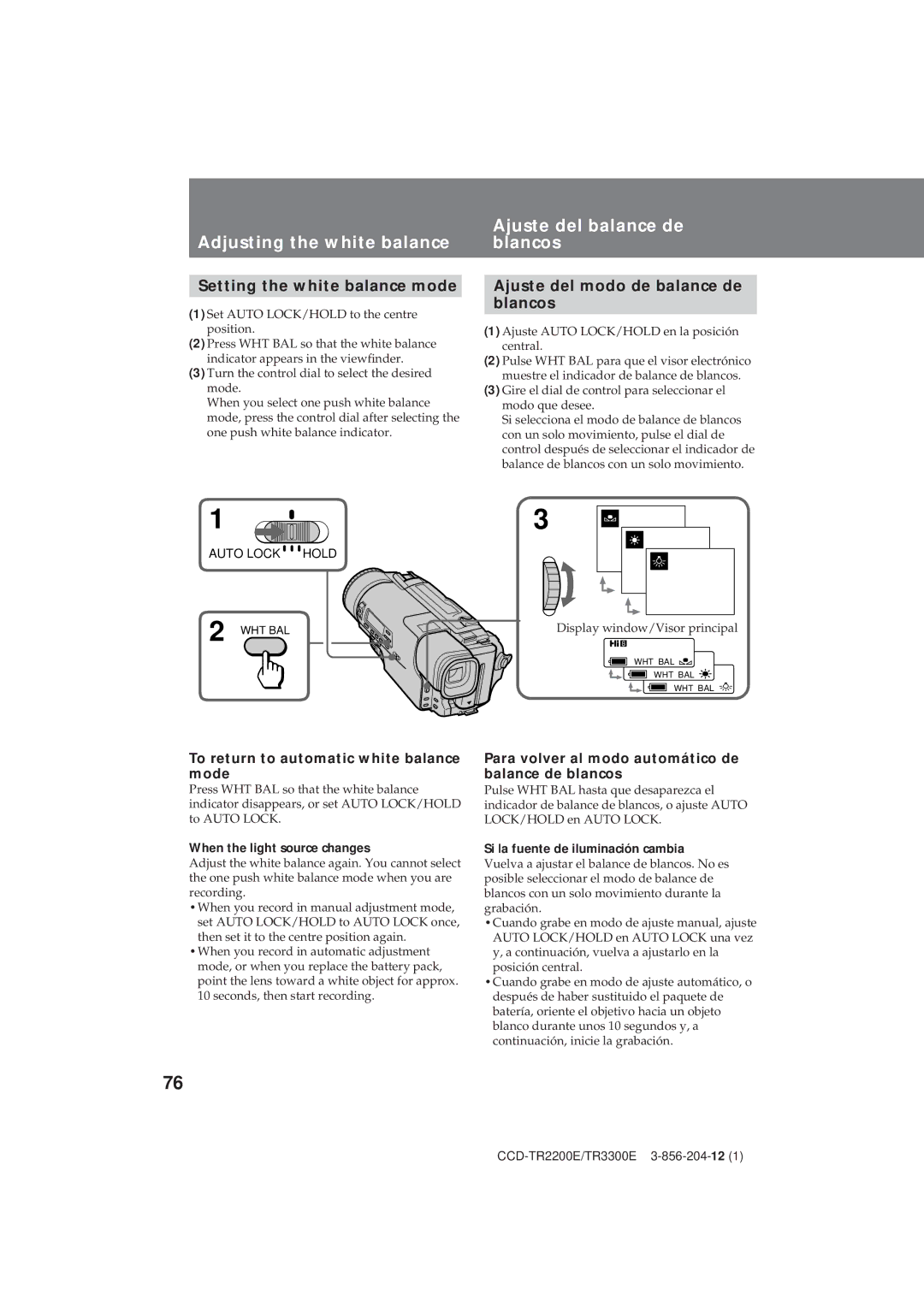 Sony TR3300E, CCD-TR2200E Ajuste del balance de, Adjusting the white balance Blancos, Setting the white balance mode 