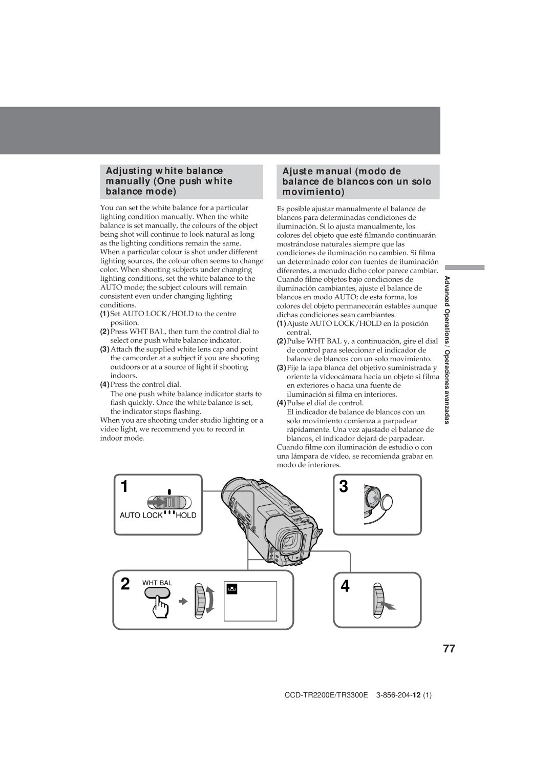 Sony CCD-TR2200E, TR3300E operating instructions Adjusting white balance manually One push white balance mode 