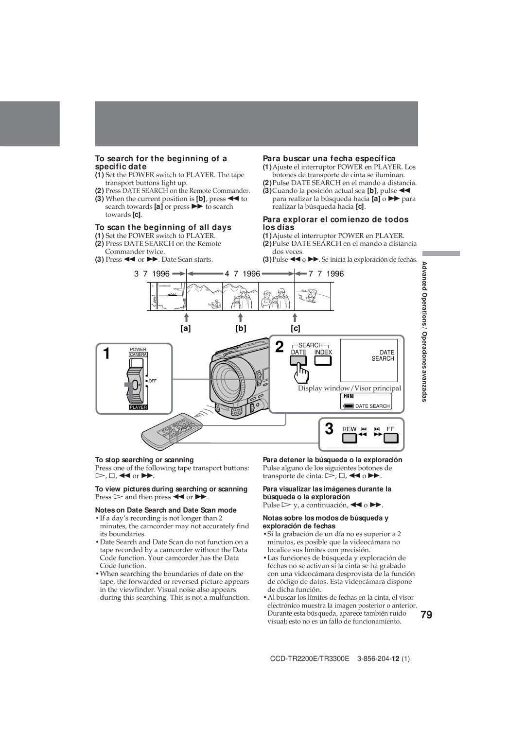 Sony CCD-TR2200E, TR3300E To search for the beginning of a specific date, To scan the beginning of all days 