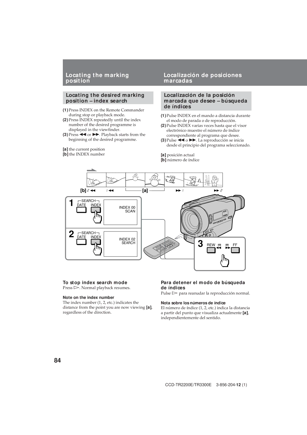 Sony TR3300E, CCD-TR2200E Locating the marking position, Localización de posiciones marcadas, To stop index search mode 