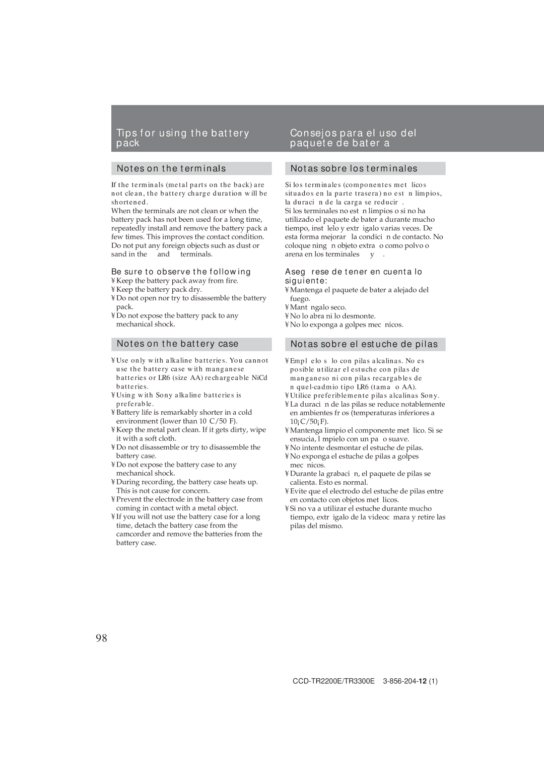 Sony TR3300E, CCD-TR2200E Tips for using the battery pack, Notas sobre los terminales, Notas sobre el estuche de pilas 