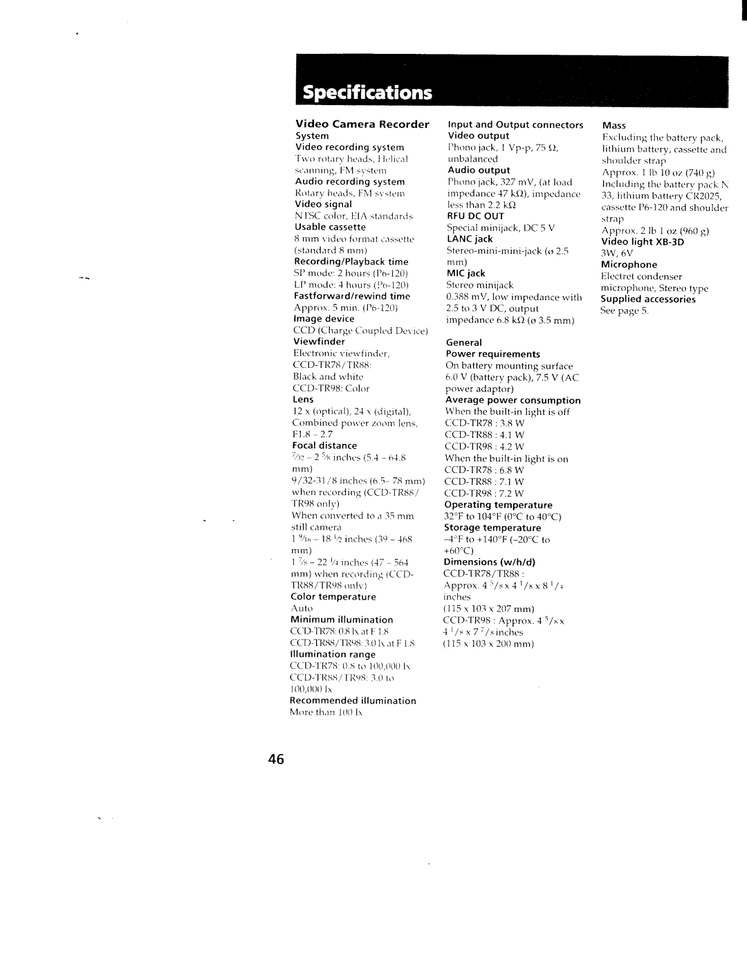 Sony TR88, TR98, CCD-TR78 manual 