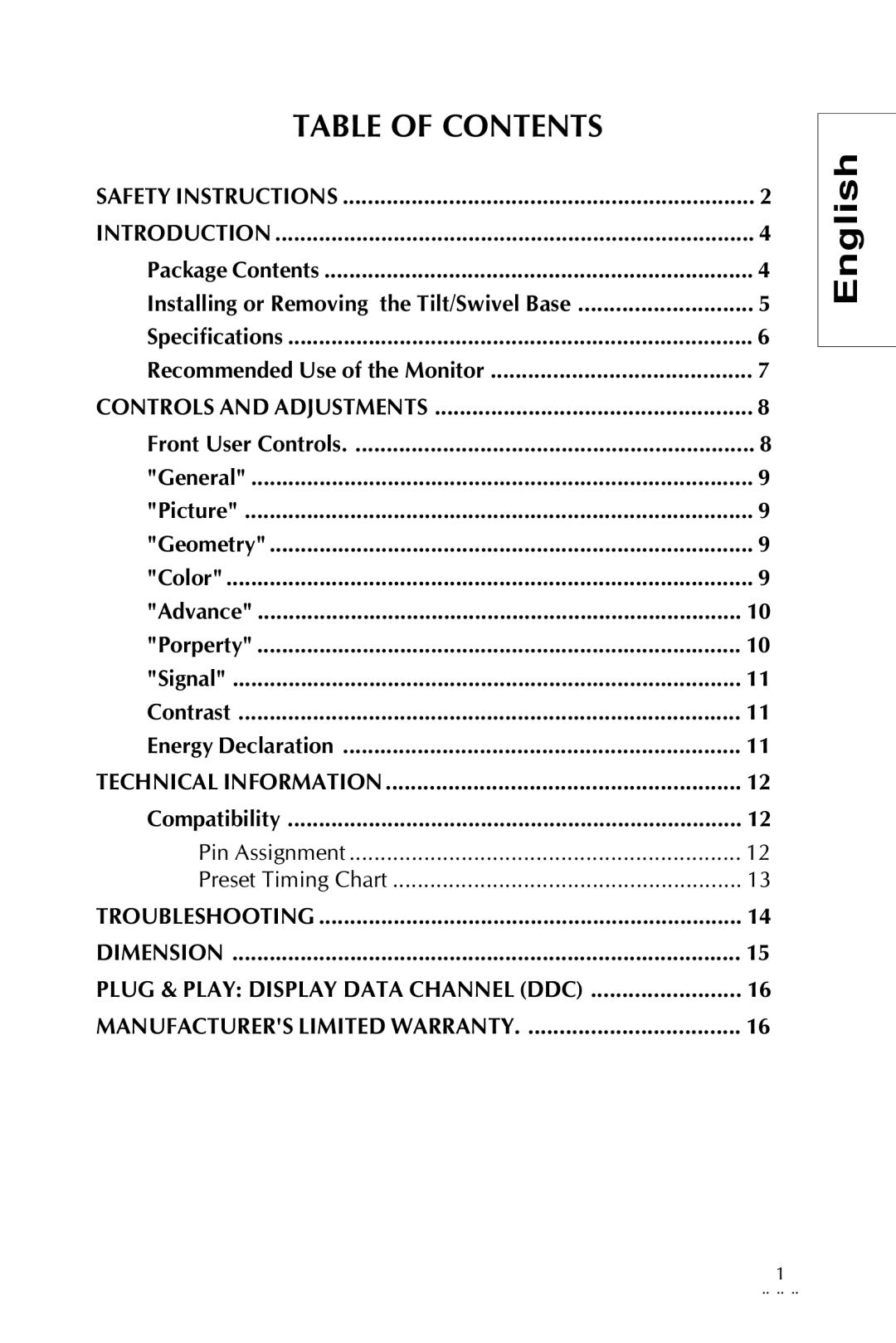 Sony Trinitron CRT Monitor specifications Table of Contents 