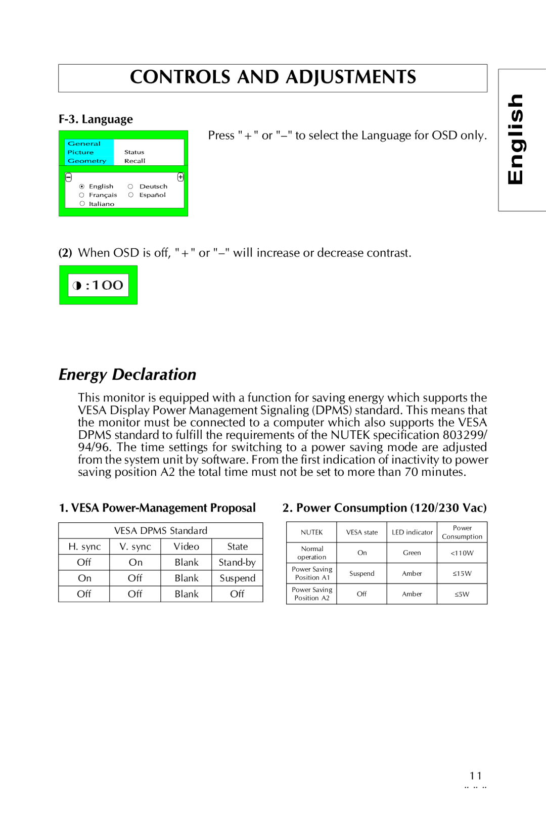 Sony Trinitron CRT Monitor specifications Energy Declaration, Vesa Power-Management Proposal 