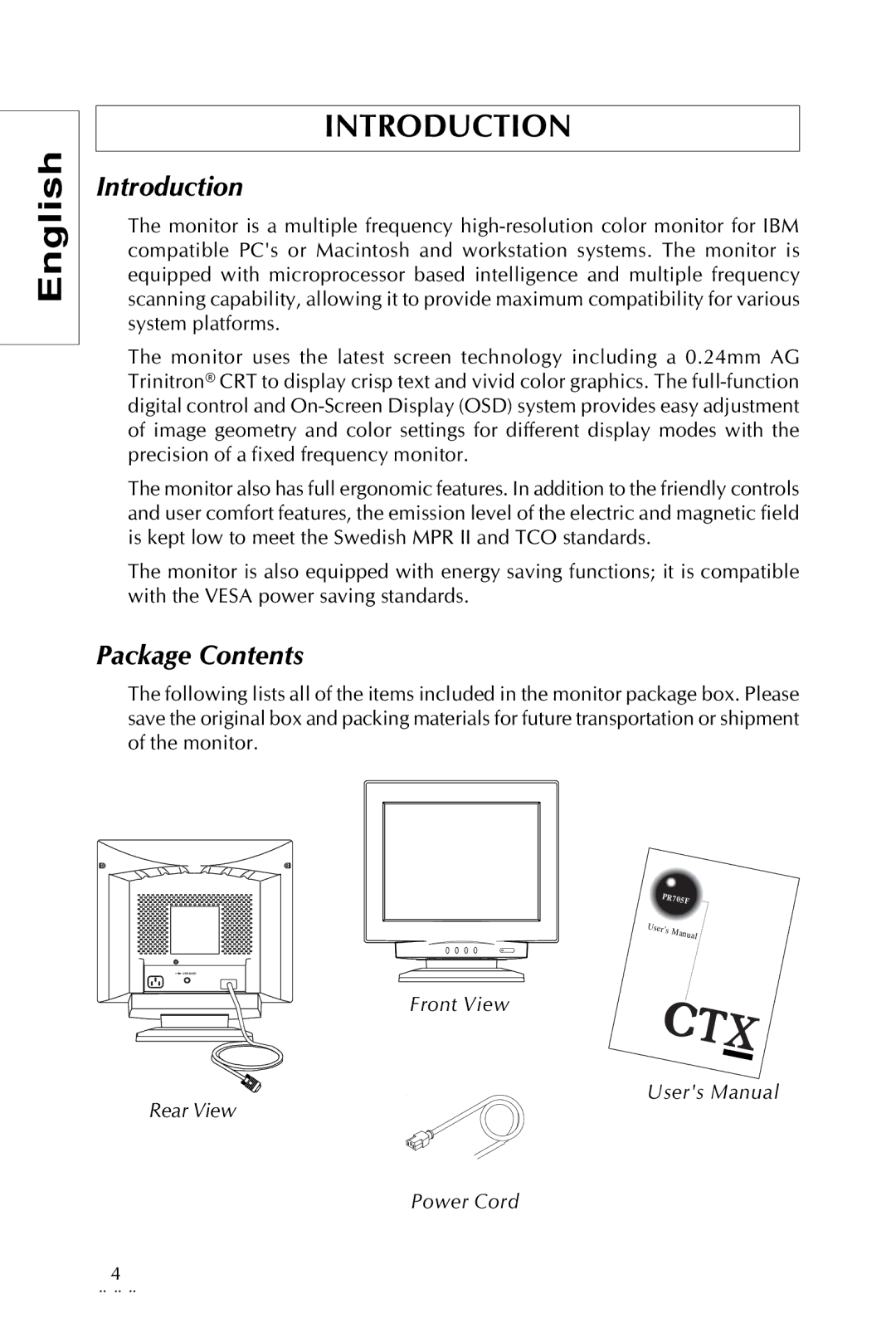 Sony Trinitron CRT Monitor specifications Introduction, Package Contents 