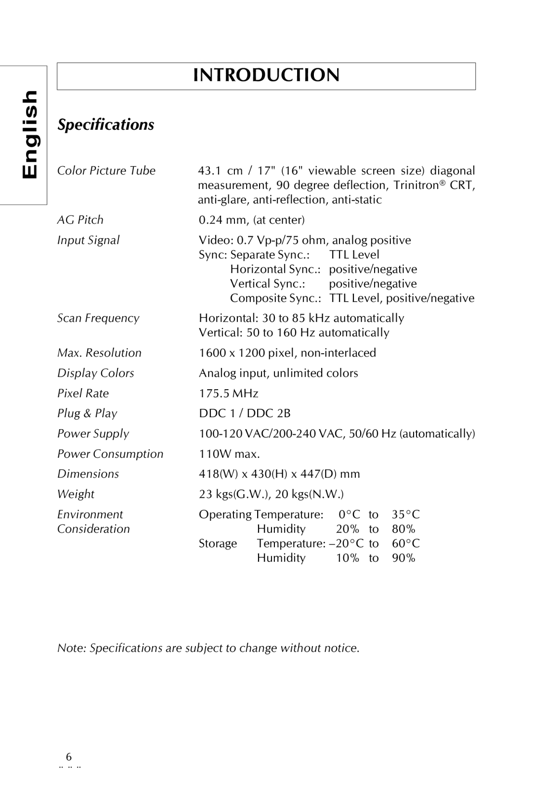 Sony Trinitron CRT Monitor specifications Specifications 