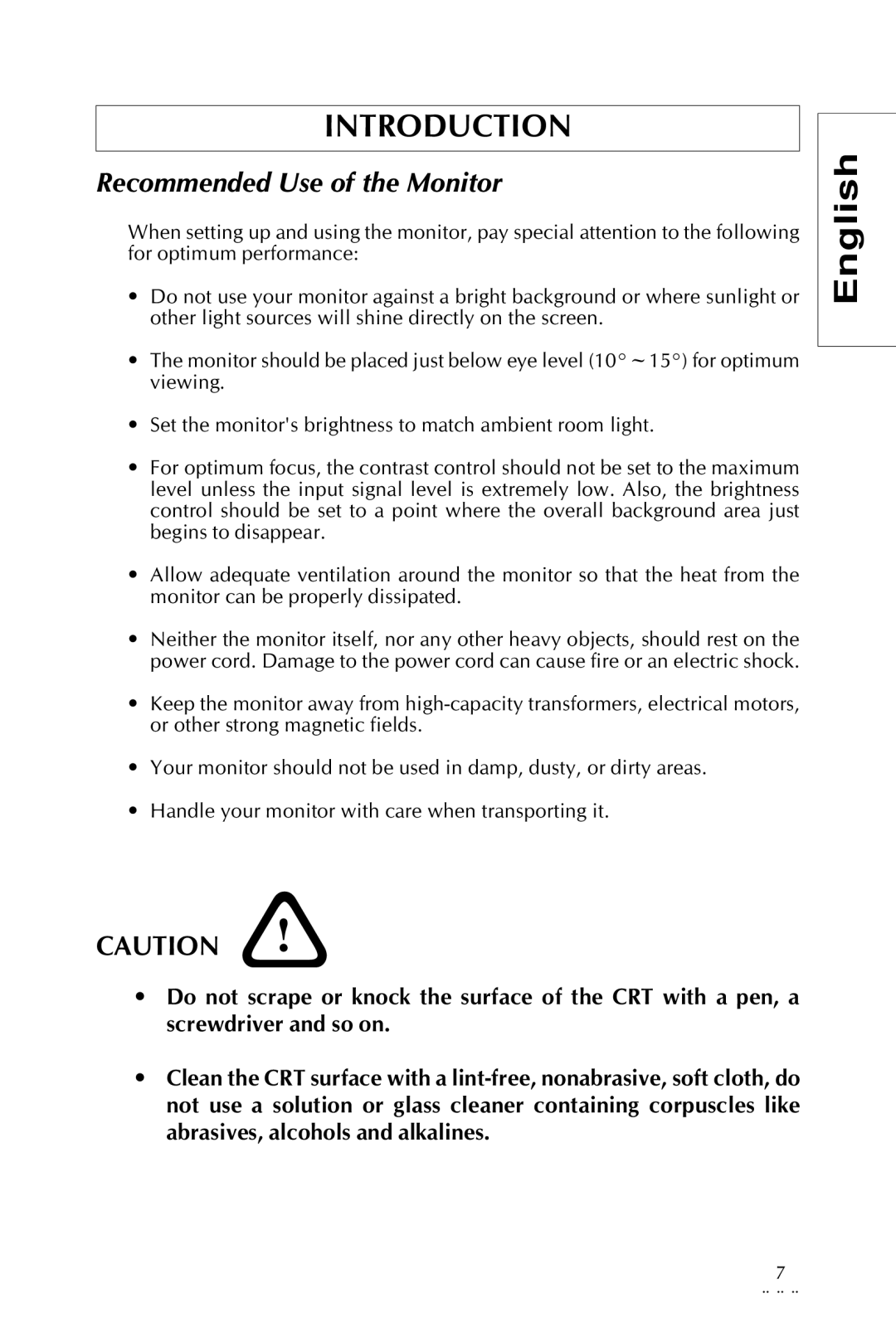 Sony Trinitron CRT Monitor specifications Recommended Use of the Monitor 