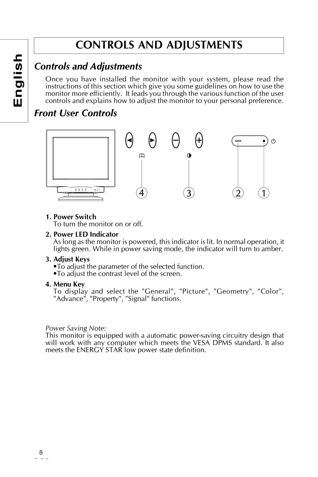 Sony Trinitron CRT Monitor specifications Controls and Adjustments, Front User Controls 