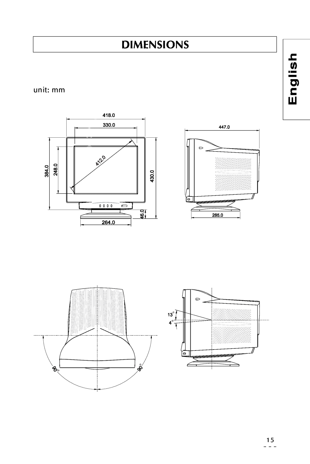 Sony Trinitron CRT Monitor specifications Dimensions, English, unit mm, ¨ ¨ ¨ 