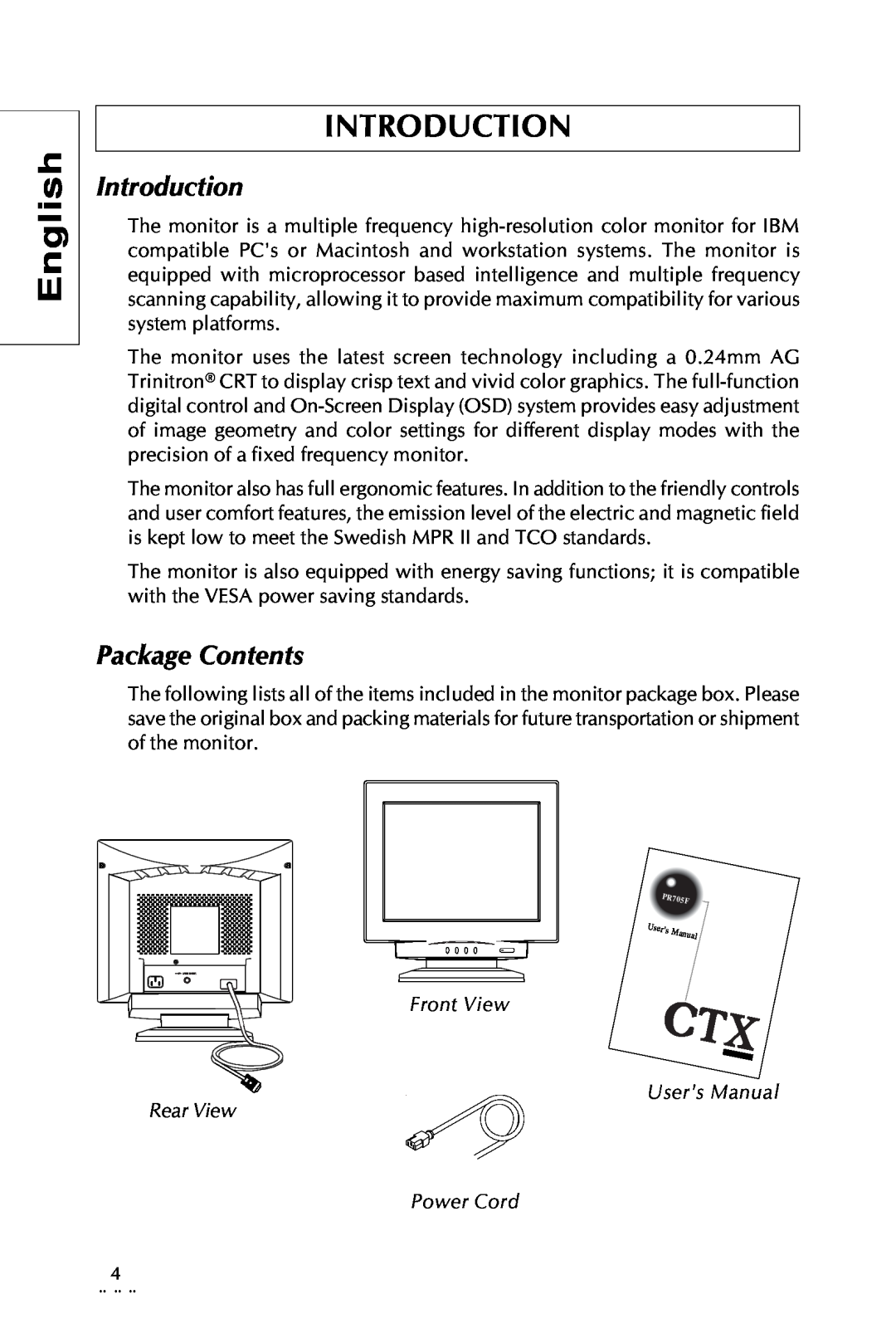 Sony Trinitron CRT Monitor specifications Introduction, Package Contents, English 