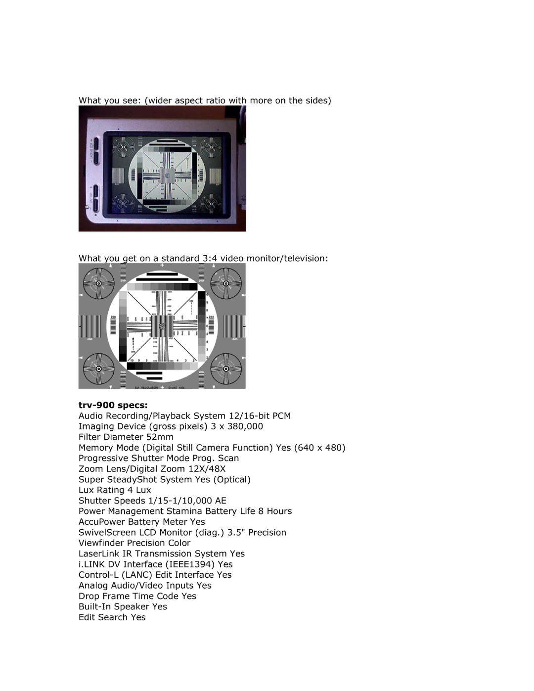 Sony TRV-900 owner manual Trv-900 specs 