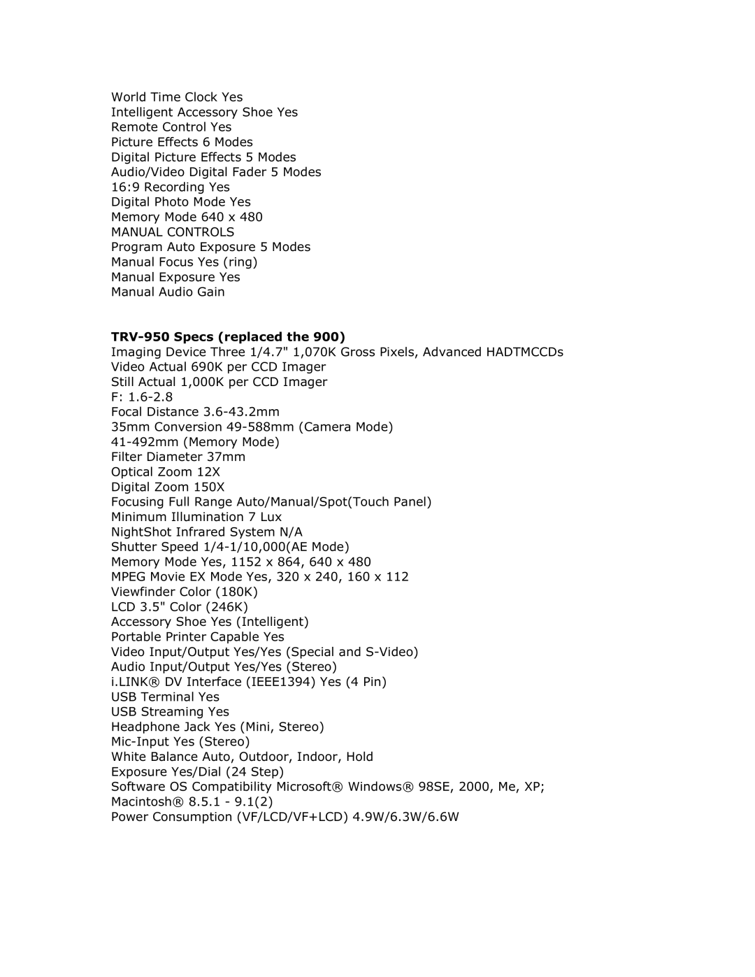 Sony TRV-900 owner manual TRV-950 Specs replaced 