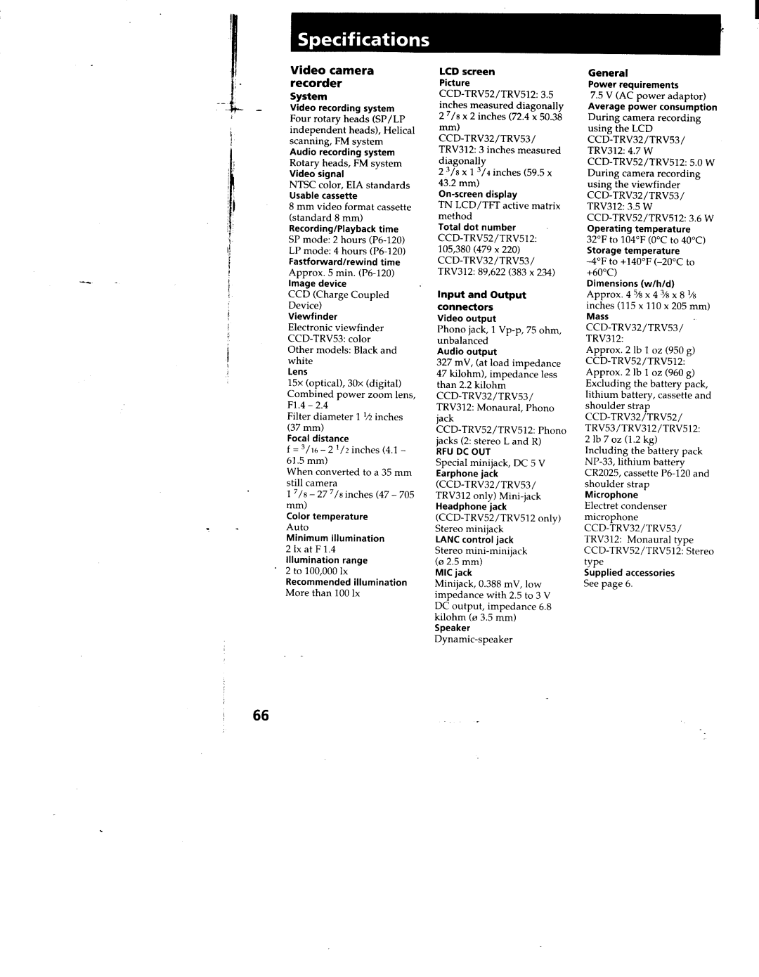 Sony TRV52, TRV53, TRV512, TRV312, CCD-TRV32 manual 