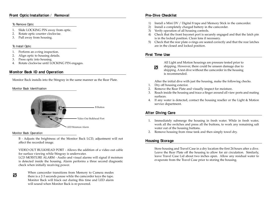 Sony TRV530, TRV730 Front Optic Installation / Removal, Monitor Back ID and Operation, Pre-Dive Checklist, First Time Use 