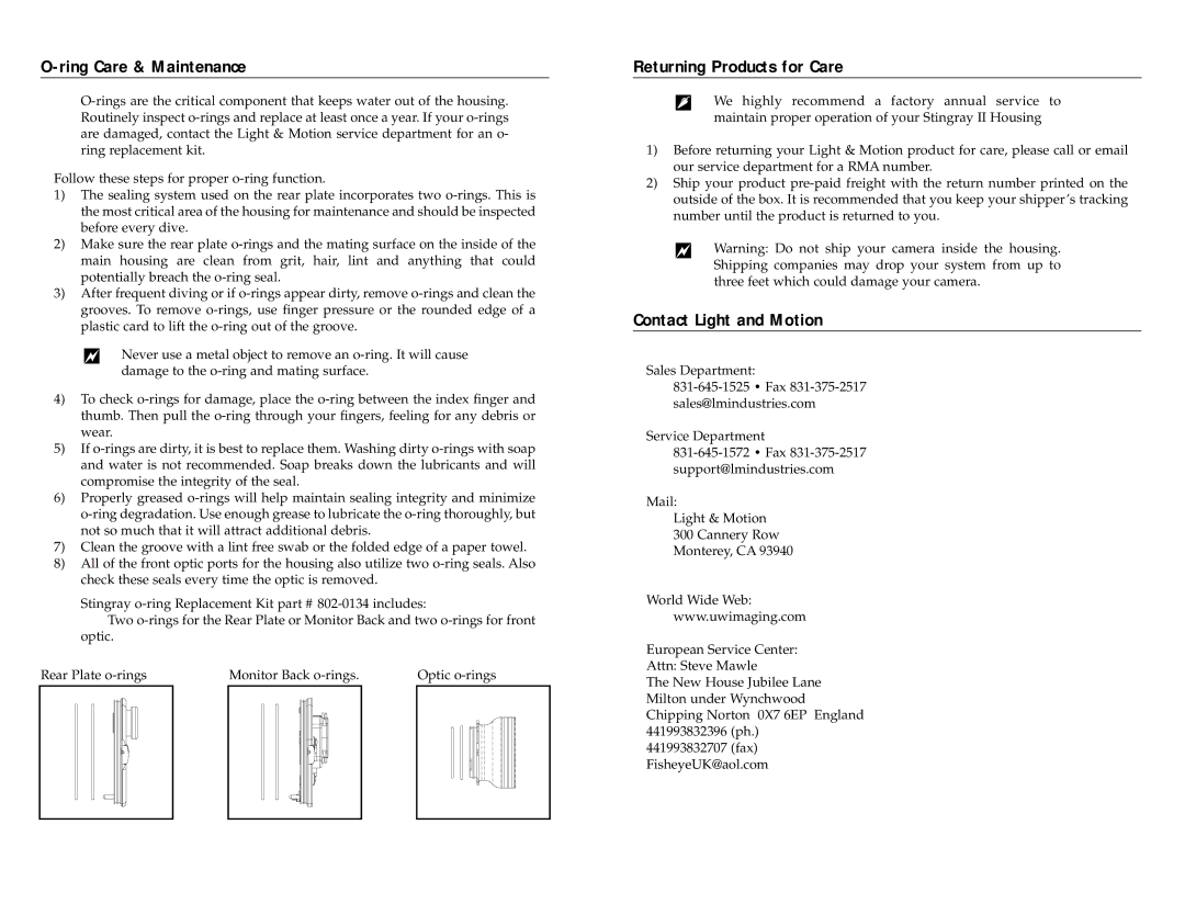 Sony TRV730, TRV530, TRV330, TRV30, TRV120 Ring Care & Maintenance, Returning Products for Care, Contact Light and Motion 