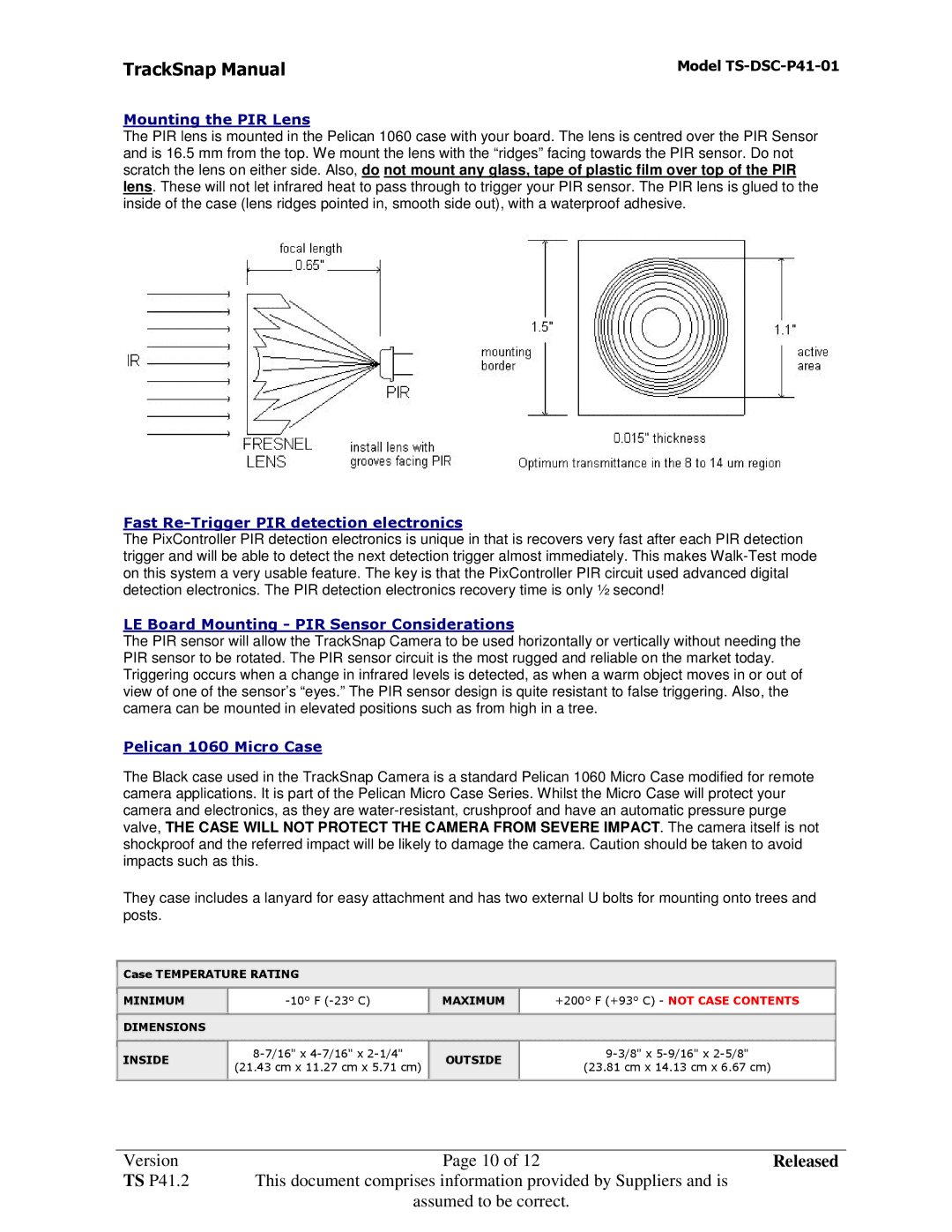 Sony TS-DSC-P41-01 manual Mounting the PIR Lens, Fast Re-Trigger PIR detection electronics, Pelican 1060 Micro Case 