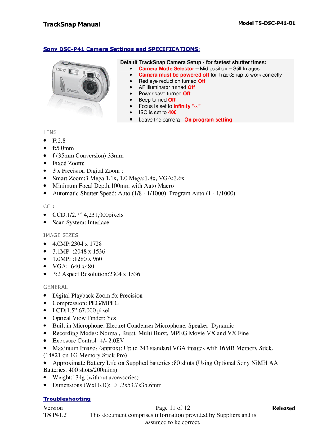 Sony TS-DSC-P41-01 manual Sony DSC-P41 Camera Settings and Specifications, Troubleshooting 