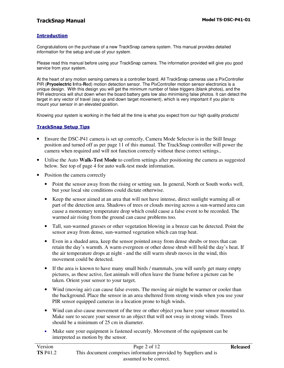 Sony TS-DSC-P41-01 manual Introduction, TrackSnap Setup Tips, Released 