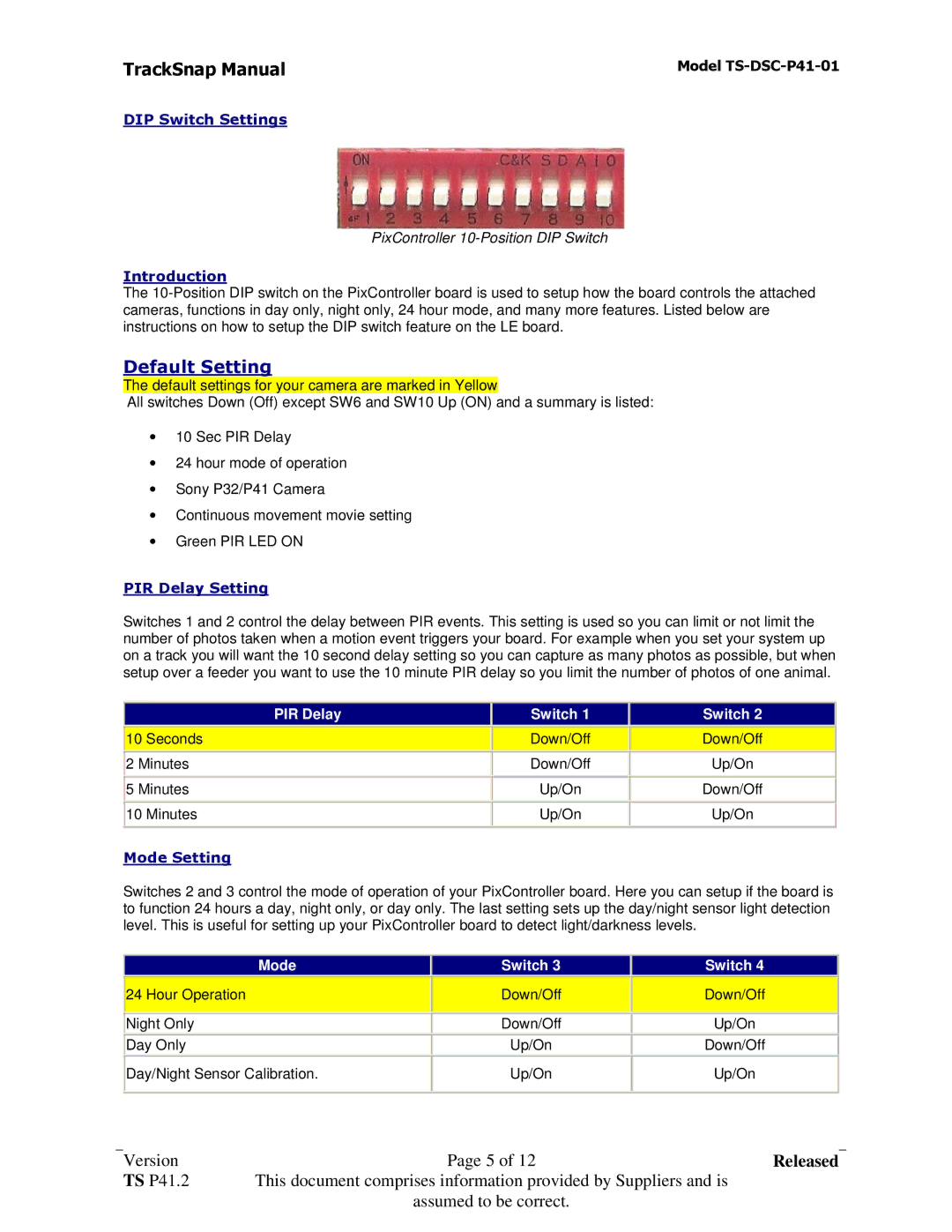 Sony TS-DSC-P41-01 manual PIR Delay, Switch, Mode 