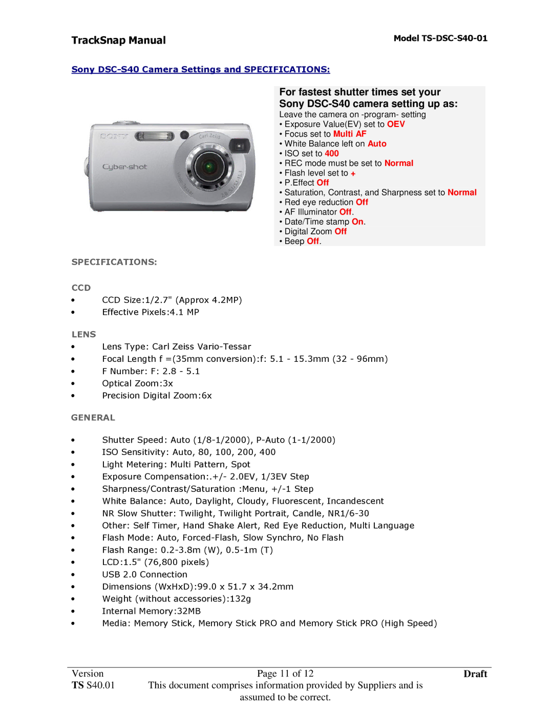 Sony TS-DSC-S40-01 manual Sony DSC-S40 Camera Settings and Specifications, Lens 