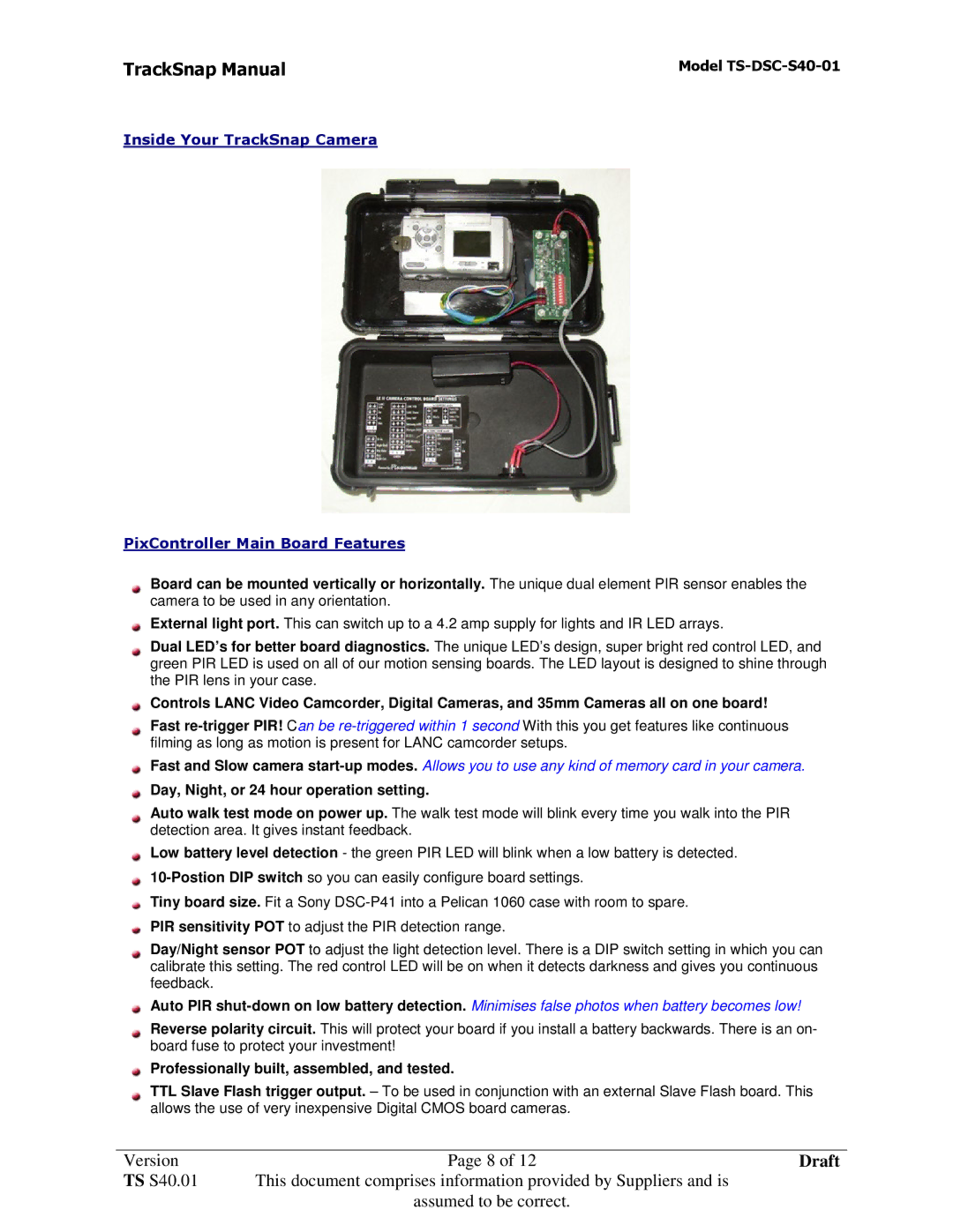 Sony TS-DSC-S40-01 manual Day, Night, or 24 hour operation setting, Professionally built, assembled, and tested 