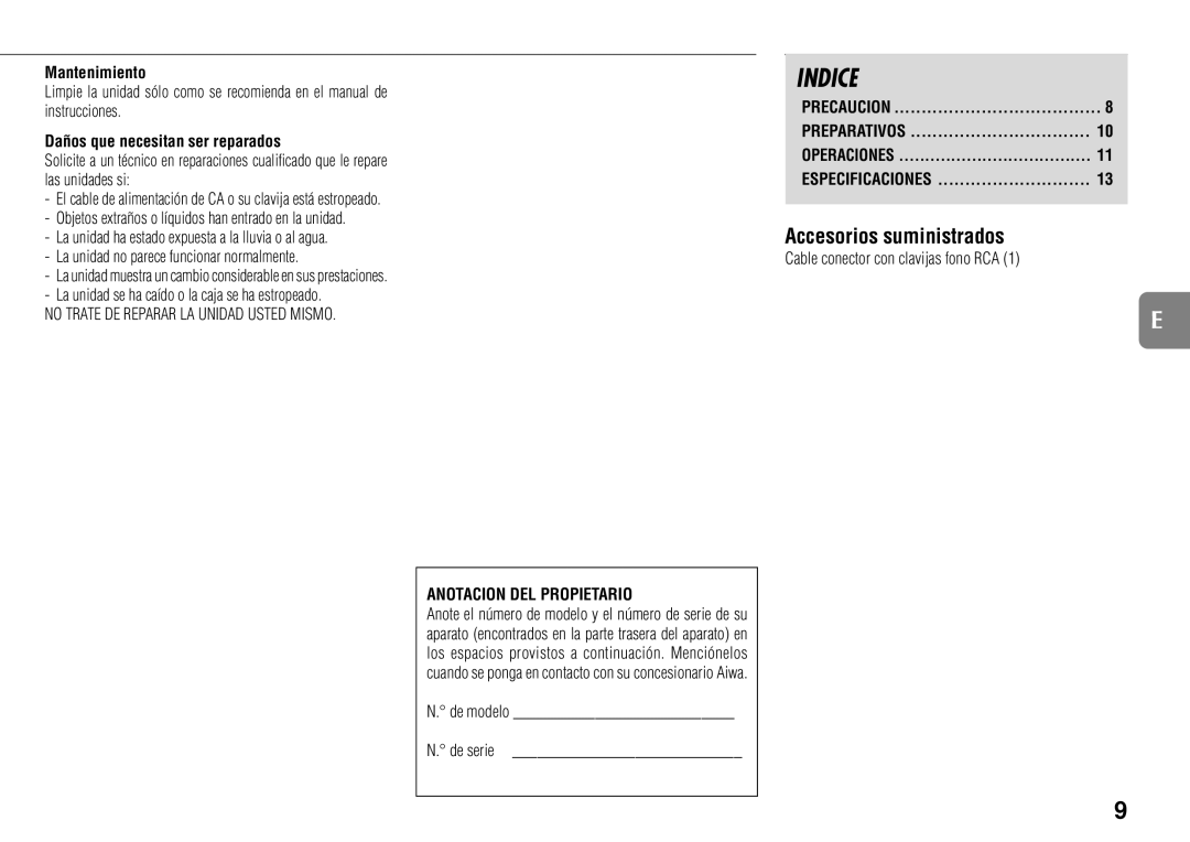 Sony TS-WM7 manual Indice, Mantenimiento, Daños que necesitan ser reparados, Cable conector con clavijas fono RCA 