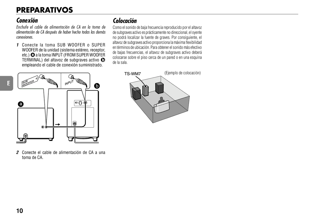 Sony TS-WM7 manual Preparativos, Conexión, Colocación 