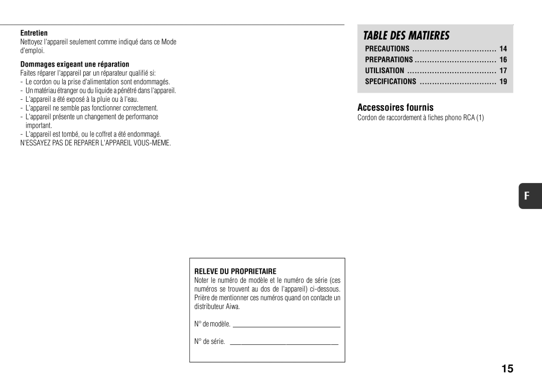 Sony TS-WM7 manual Table DES Matieres, Entretien, Dommages exigeant une réparation 