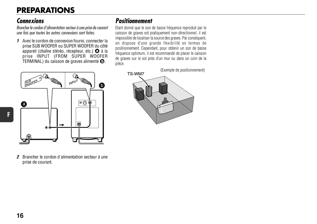 Sony TS-WM7 manual Connexions, Positionnement 