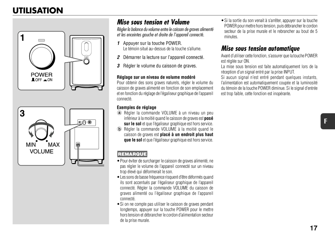 Sony TS-WM7 manual Utilisation, Mise sous tension et Volume, Mise sous tension automatique, Exemples de réglage 