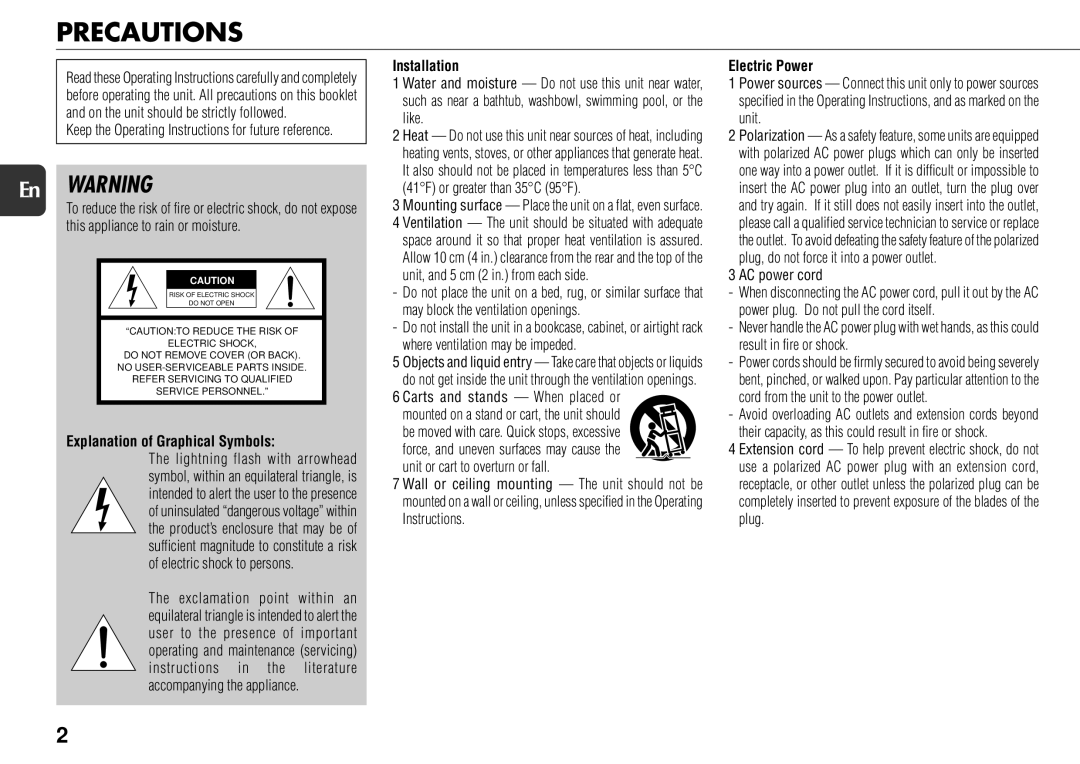 Sony TS-WM7 manual Precautions, En Warning, Explanation of Graphical Symbols, Installation, Electric Power 