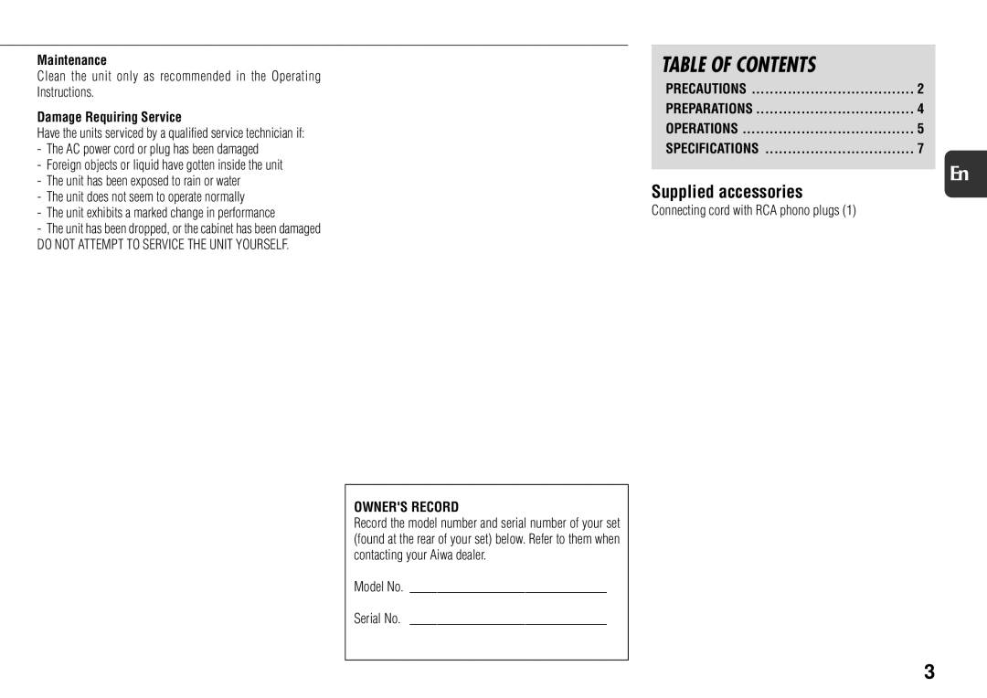 Sony TS-WM7 manual Table of Contents 