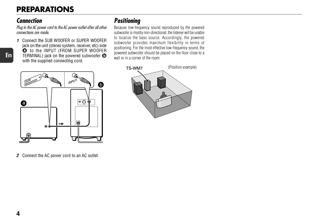 Sony TS-WM7 manual Preparations, Connection, Positioning 