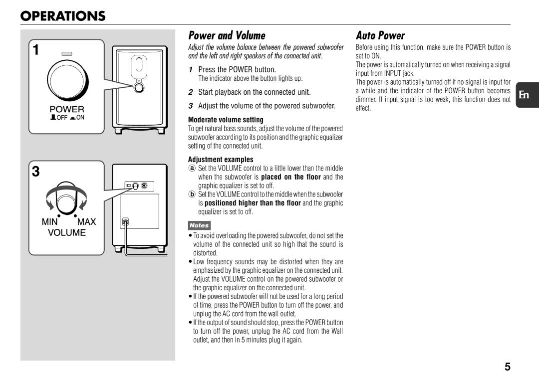 Sony TS-WM7 manual Operations, Power and Volume, Auto Power, Moderate volume setting, Adjustment examples 