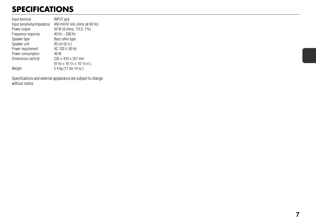 Sony TS-WM7 manual Specifications 